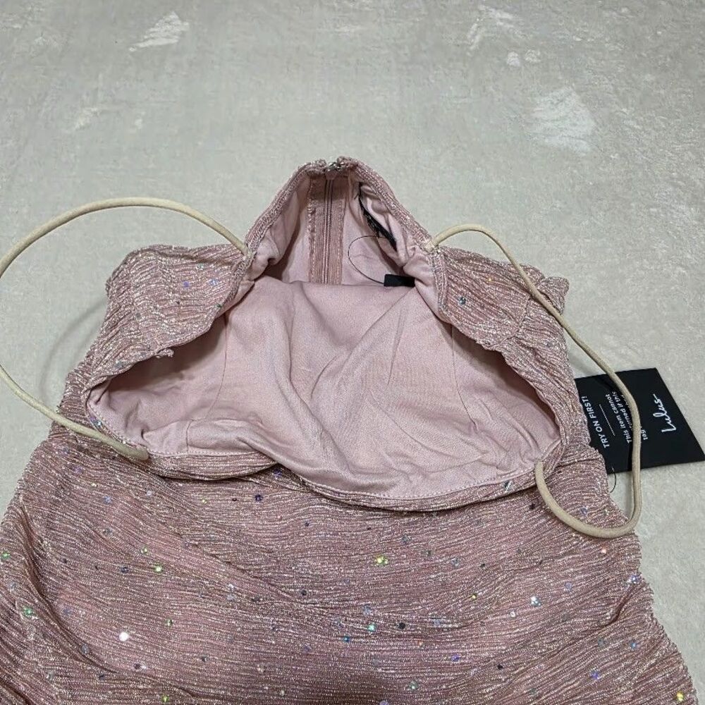 Lulus Flirty Vibes Bodycon Mini Dress Small Pink Shimmer Sequin Straps New w/Tag - Picture 5 of 14